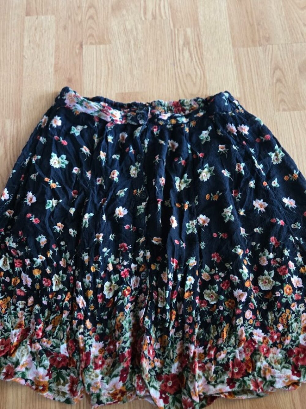 Vintage 90s Floral Skirt 2X Black Boho Cottagecore Elastic Waist